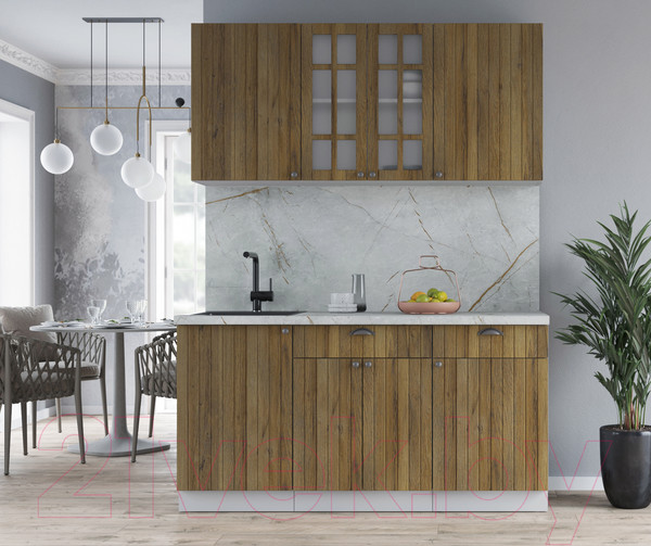 Изображение товара Кухонный гарнитур Интерлиния Берес 1.6А (дуб вотан/дуб вотан/серый каспий)