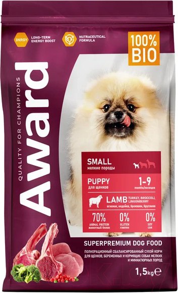 Изображение товара Сухой корм для собак Award Puppy Small с ягненком и индейкой с доб. брокколи и брусники (1.5кг)
