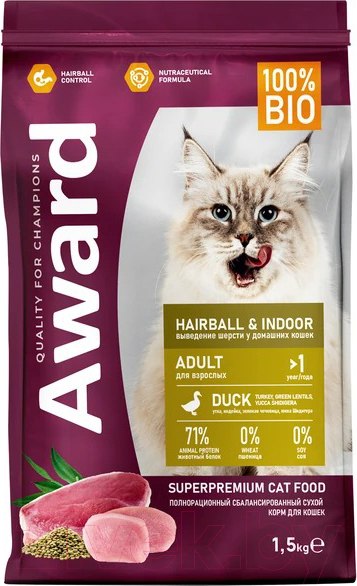 Изображение товара Сухой корм для кошек Award Hairball&Indoor с уткой и индейкой с чечевицей и юкки Шидигера (1.5кг)
