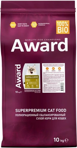 Изображение товара Сухой корм для кошек Award Hairball&Indoor с уткой и индейкой с чечевицей и юкки Шидигера (10кг)