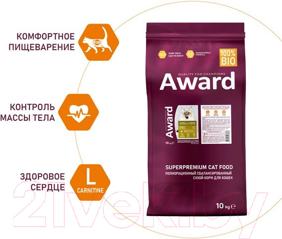 Изображение товара Сухой корм для кошек Award Hairball&Indoor с уткой и индейкой с чечевицей и юкки Шидигера (10кг)