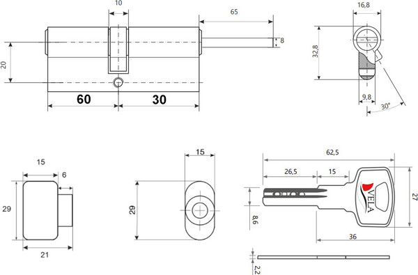 Изображение товара Цилиндровый механизм замка VELA ZS-90(60/30ST)