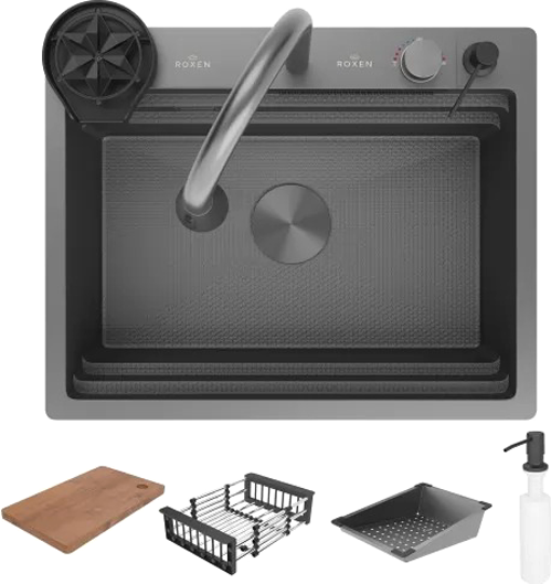 Изображение товара Мойка кухонная со смесителем Roxen Stage Plus 560250-60BS многофункциональная 8 в 1 (графит текстурный)
