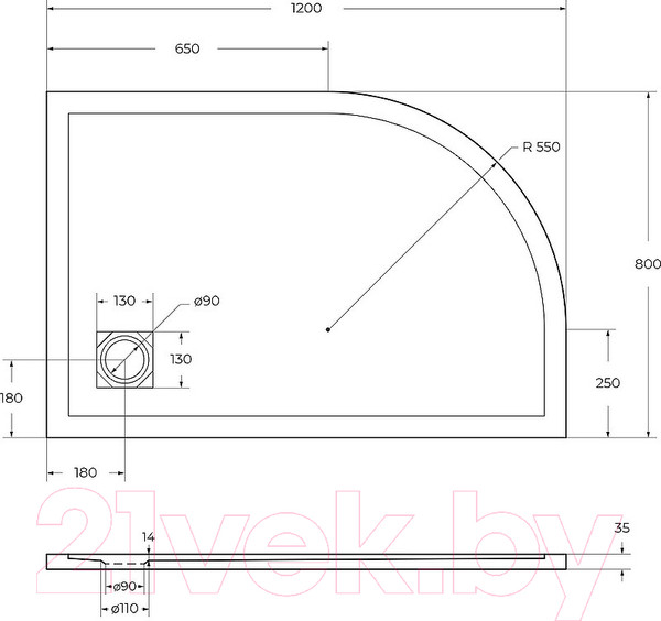 Изображение товара Душевой поддон BelBagno TRAY-MR-UNO-RH-120/80-550-35-W-R-CR