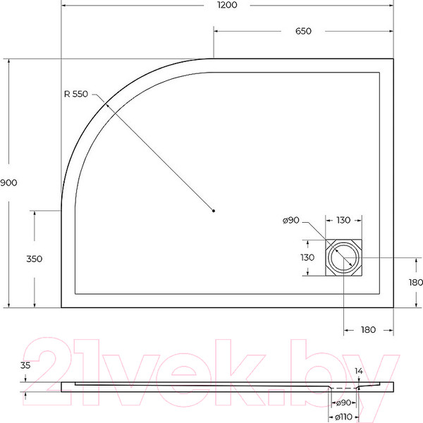 Изображение товара Душевой поддон BelBagno TRAY-MR-UNO-RH-120/90-550-35-W-L-CR