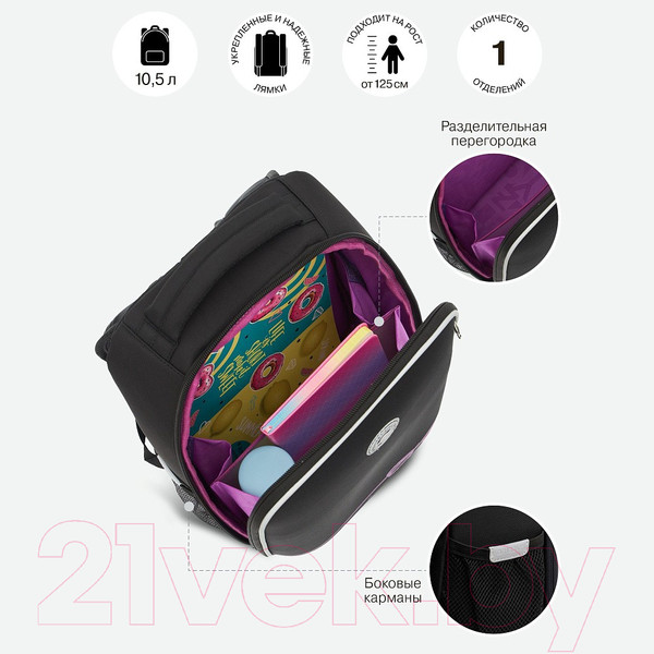 Изображение товара Школьный рюкзак Grizzly RAw-496-1 (черный/лавандовый)