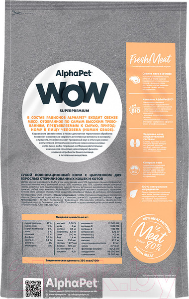 Изображение товара Сухой корм для кошек AlphaPet WOW для взрослых стерилизованных кошек Цыпленок / 110003 (1.5кг)