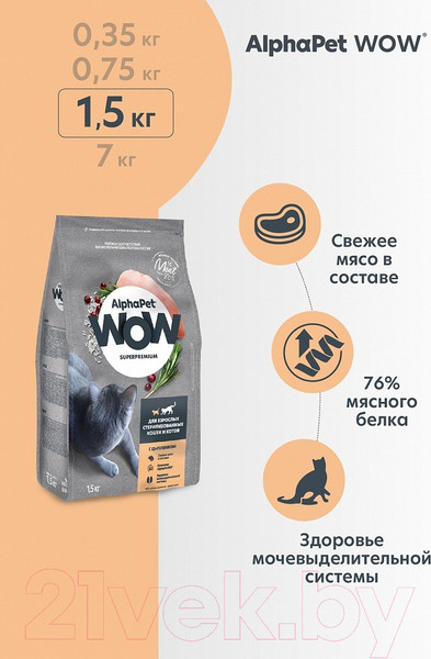 Изображение товара Сухой корм для кошек AlphaPet WOW для взрослых стерилизованных кошек Цыпленок / 110003 (1.5кг)