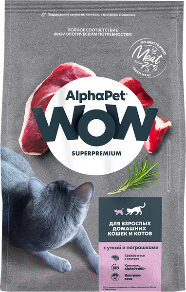 Изображение товара Сухой корм для кошек AlphaPet WOW для взрослых кошек утка и потроха / 110004 (750г)