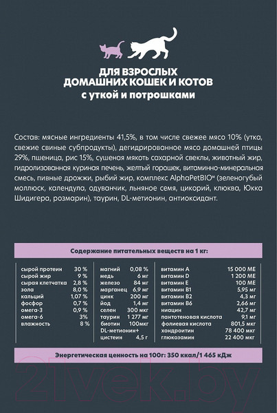 Изображение товара Сухой корм для кошек AlphaPet WOW для взрослых кошек утка и потроха / 110004 (750г)