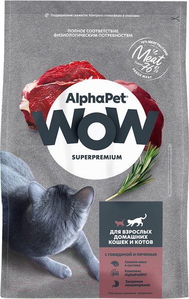 Изображение товара Сухой корм для кошек AlphaPet WOW для взрослых кошек Говядина и печень / 110008 (350г)