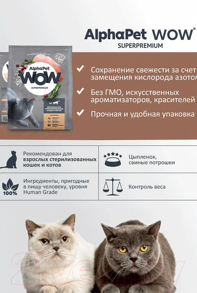 Изображение товара Сухой корм для кошек AlphaPet WOW для взрослых стерилизованных кошек Цыпленок / 110009 (350г)