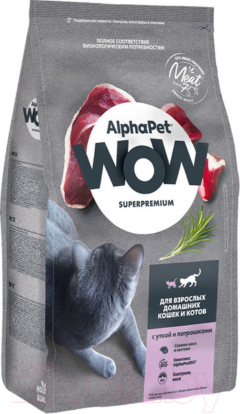 Изображение товара Сухой корм для кошек AlphaPet WOW для взрослых кошек Утка и потроха / 110010 (350г)
