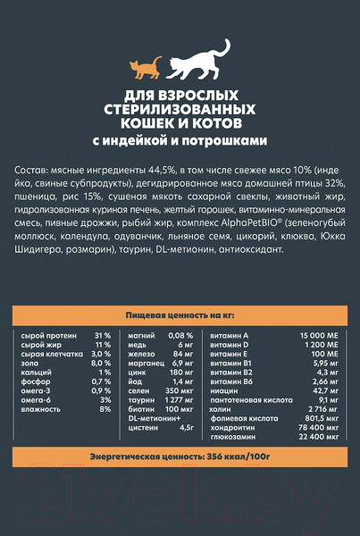 Изображение товара Сухой корм для кошек AlphaPet WOW для взрослых стерилиз кошек Индейка и потроха / 110007 (1.5кг)