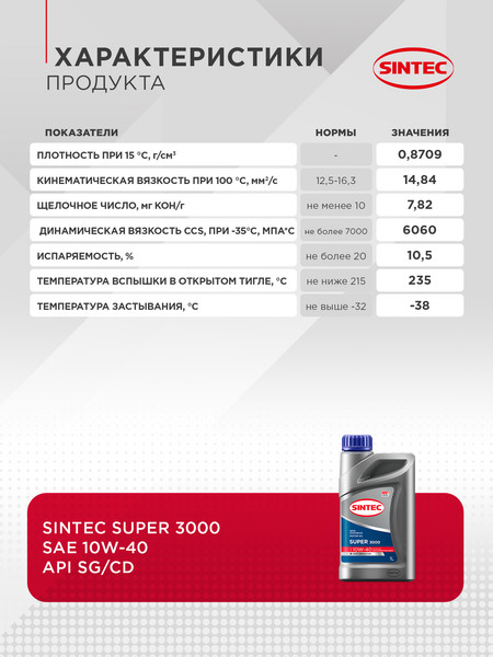 Изображение товара Моторное масло Sintec Super 3000 10W40 SG/CD / 600239 (1л)