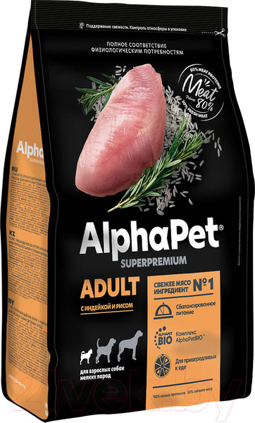 Изображение товара Сухой корм для собак AlphaPet Superpremium Adult для мелких пород с индейкой и рисом / 121100 (500г)