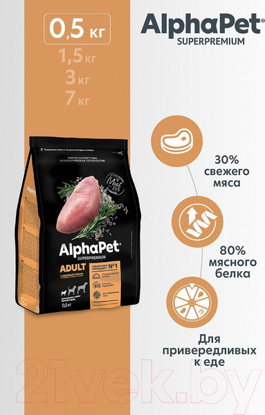 Изображение товара Сухой корм для собак AlphaPet Superpremium Adult для мелких пород с индейкой и рисом / 121100 (500г)