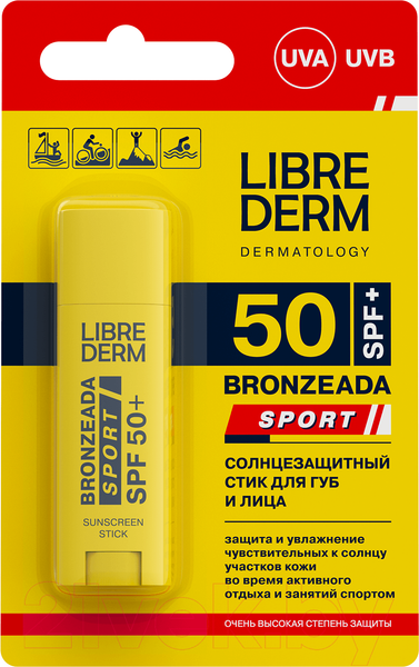 Изображение товара Крем солнцезащитный Librederm Bronzeada Sport Для губ и лица SPF 50+ (4.8г)