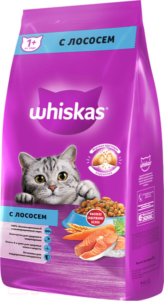 Изображение товара Сухой корм для кошек Whiskas Вкусные подушечки с нежным паштетом с лососем (5кг)