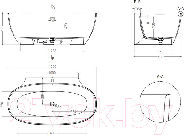 Изображение товара Ванна из искусственного мрамора Salini Alda Wall 170x90 / 101915G (S-Sense, глянцевый)