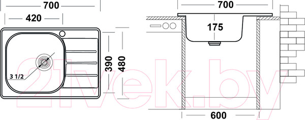 Изображение товара Мойка кухонная Ukinox Спектр SPM700.480-GT6K 1R