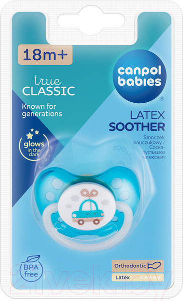 Изображение товара Пустышка Canpol Toys латексная анатомическая / 23/261 (голубой, со светящимся колечком)