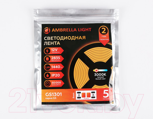 Изображение товара Светодиодная лента Ambrella 2835 180Led 14.4W 3000K / GS1301
