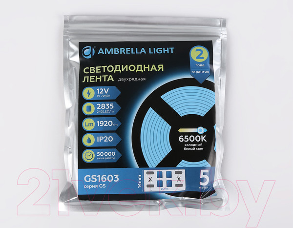 Изображение товара Светодиодная лента Ambrella двухрядная 2835 240Led 19.2W 6500K / GS1603