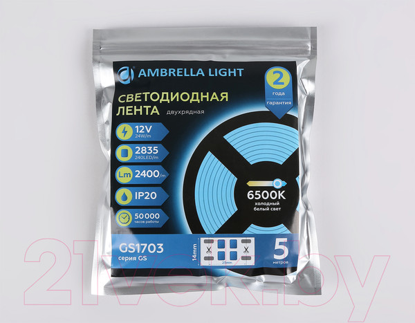Изображение товара Светодиодная лента Ambrella двухрядная 2835 240Led 24W 6500K / GS1703