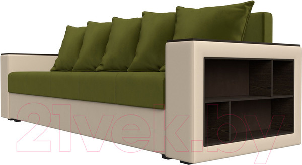 Изображение товара Диван Лига Диванов Дубай Лайт полки справа / 114327 (микровельвет зеленый/экокожа бежевый)
