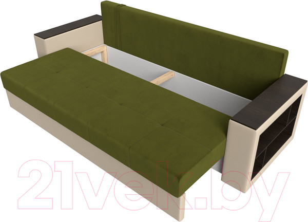 Изображение товара Диван Лига Диванов Дубай Лайт полки справа / 114327 (микровельвет зеленый/экокожа бежевый)