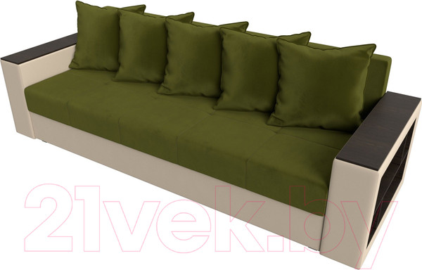 Изображение товара Диван Лига Диванов Дубай Лайт полки справа / 114327 (микровельвет зеленый/экокожа бежевый)