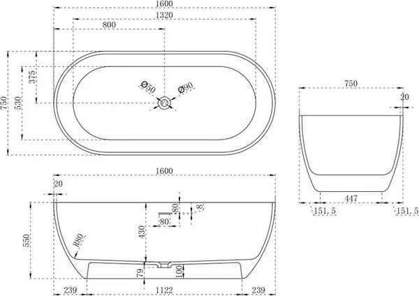 Изображение товара Ванна из искусственного камня Abber Stein AS9613-1.6 (белый матовый)