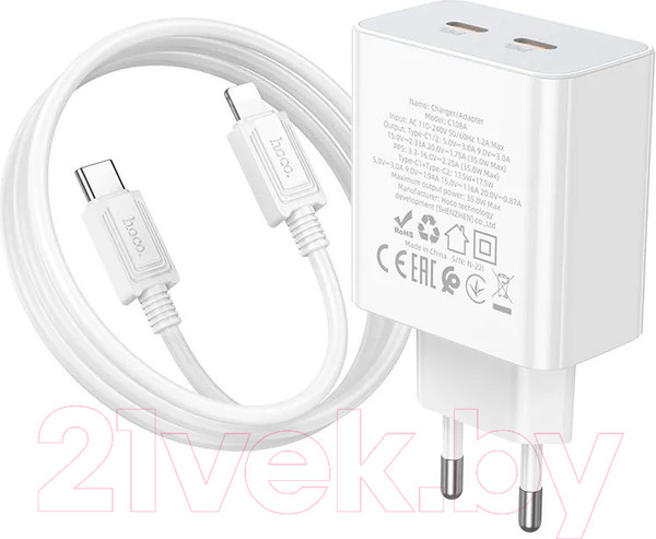 Изображение товара Зарядное устройство сетевое Hoco C108A + кабель Type-C-Lightning / 6931474784445 (белый)