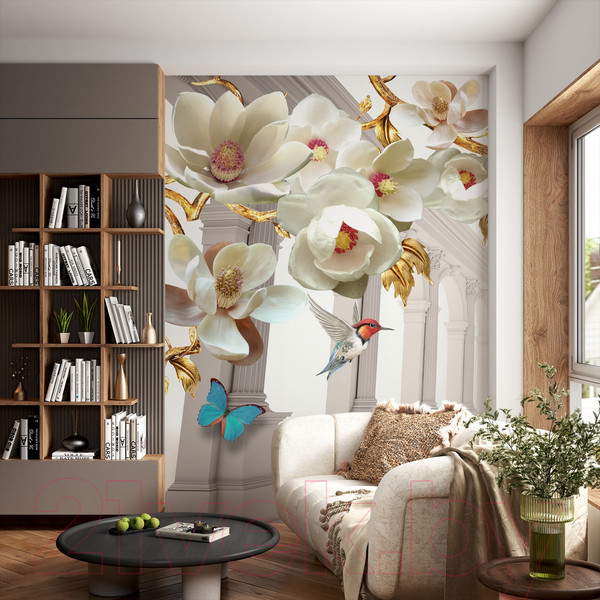 Изображение товара Фотообои листовые ФабрикаФресок 3D Абстракция. Золотые Цветы. Бабочки и Колонны / 1022270 (200x270)