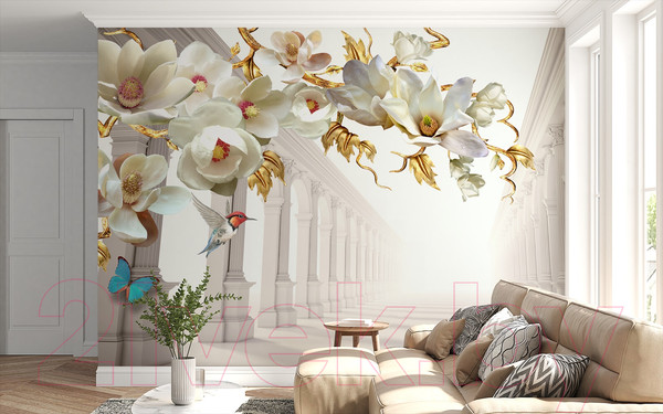 Изображение товара Фотообои листовые ФабрикаФресок 3D Абстракция. Золотые Цветы. Бабочки и Колонны / 1024270 (400x270)
