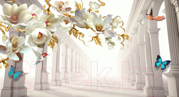 Изображение товара Фотообои листовые ФабрикаФресок 3D Абстракция. Золотые Цветы. Бабочки и Колонны / 1025270 (500x270)