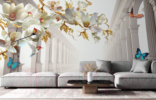 Изображение товара Фотообои листовые ФабрикаФресок 3D Абстракция. Золотые Цветы. Бабочки и Колонны / 1025270 (500x270)