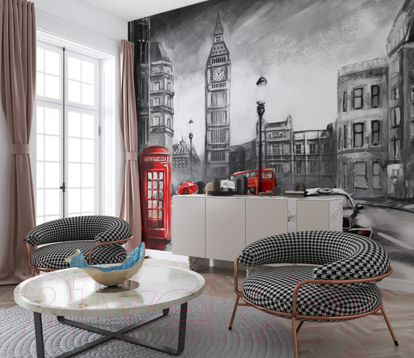 Изображение товара Фотообои листовые ФабрикаФресок Живопись. Черно-белый Акварельный Лондон. БигБен / 1173270 (300x270)