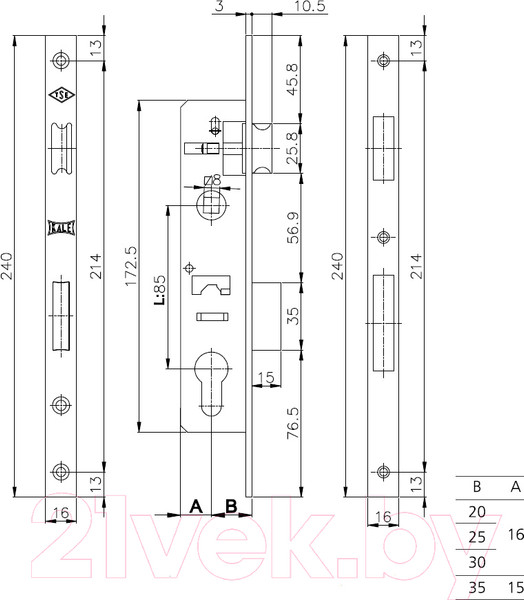Изображение товара Замок врезной Kale 153P B:25мм / 00005518 (хром)