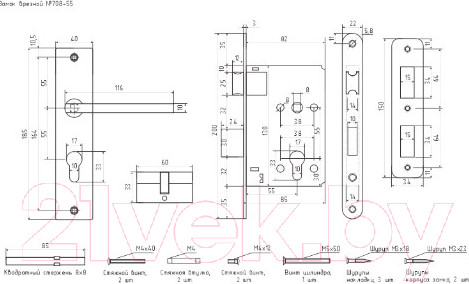 Изображение товара Замок врезной Нора-М 708К-55мм (старая бронза)