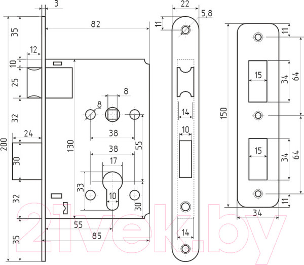Изображение товара Корпус врезного замка Нора-М КЗВ 4-3 55мм (черный)
