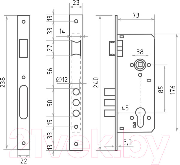 Изображение товара Корпус врезного замка Нора-М КЗВР-101 85мм (старая бронза)
