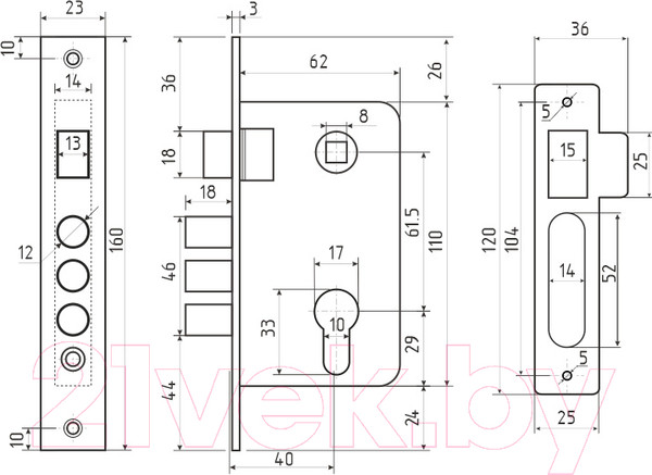 Изображение товара Корпус врезного замка Нора-М КЗВР-120 62мм (черный)