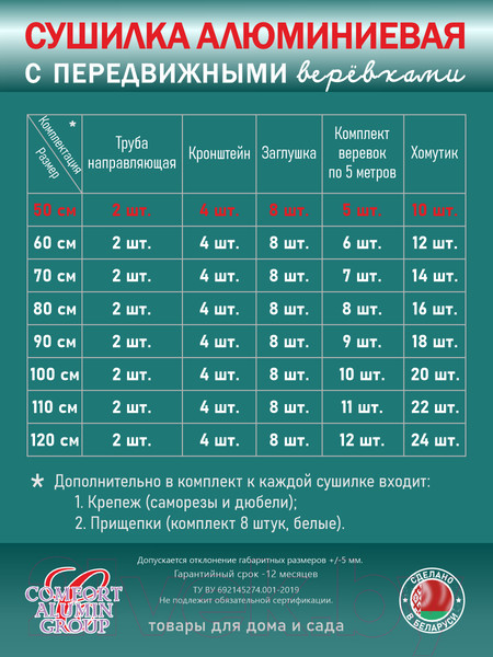 Изображение товара Сушилка для белья Comfort Alumin Group Lux Настенная 5 нитей 0.5м (алюминий/белый)