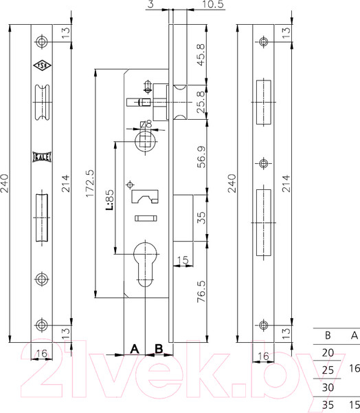 Изображение товара Корпус врезного замка Kale 153/P с защелкой (хром)