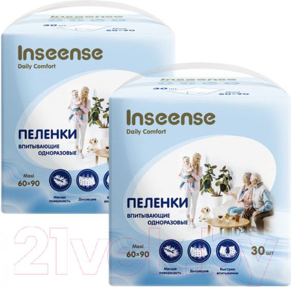 Изображение товара Набор пеленок одноразовых впитывающих Inseense Daily Comfort 60x90 / Ins69302DC (2x30шт)