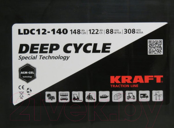 Изображение товара Аккумулятор лодочный KrafT 12V-148Ah C20 L тяговая / LDC12-140