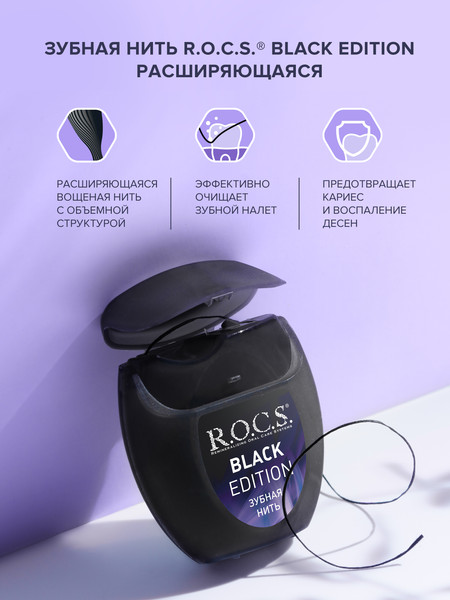 Изображение товара Зубная нить R.O.C.S. Black Edition расширяющаяся (40м)