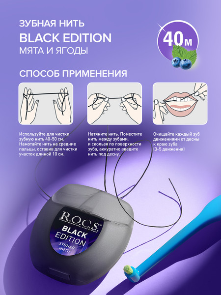 Изображение товара Зубная нить R.O.C.S. Black Edition расширяющаяся (40м)